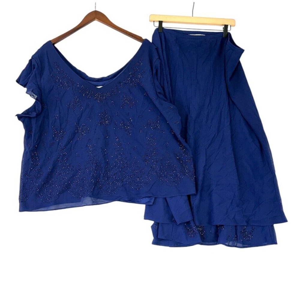 Vintage Formal Outfit 28W 2 Piece Set Skirt Top Beaded Ruffle Flutter Sleeve